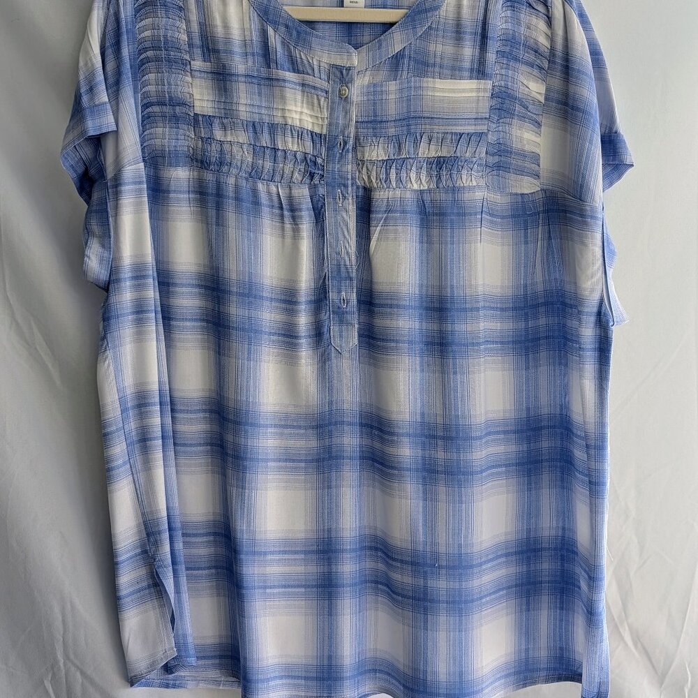 Intro Women’s Plaid Woven Pleated Yoke Band Top Blue/White Size XL $17.00